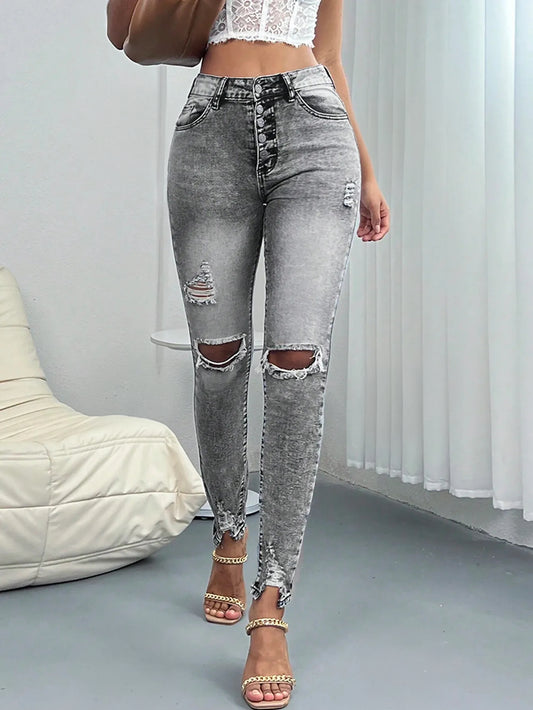 High Waist Ripped Skinny Stretch Denim Jeans