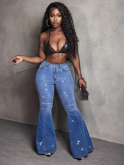 Rhinestones Flared Versatile Jeans