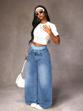 Distressed Plaid Patchwork Wide Leg Denim Jeans