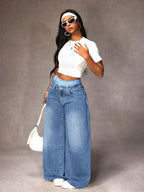 Distressed Plaid Patchwork Wide Leg Denim Jeans