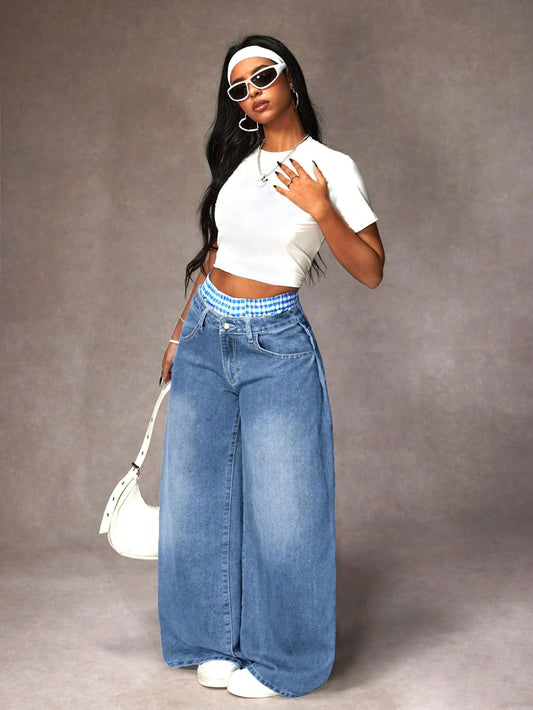 Distressed Plaid Patchwork Wide Leg Denim Jeans