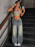 Washed Cotton Vintage Straight Leg Low Waist Jeans