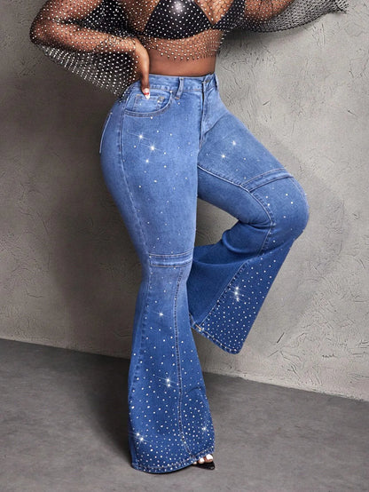 Rhinestones Flared Versatile Jeans