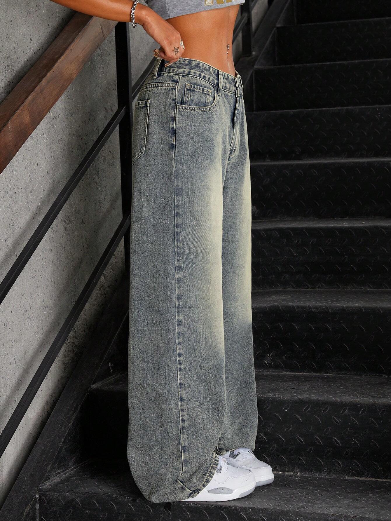 Washed Cotton Vintage Straight Leg Low Waist Jeans