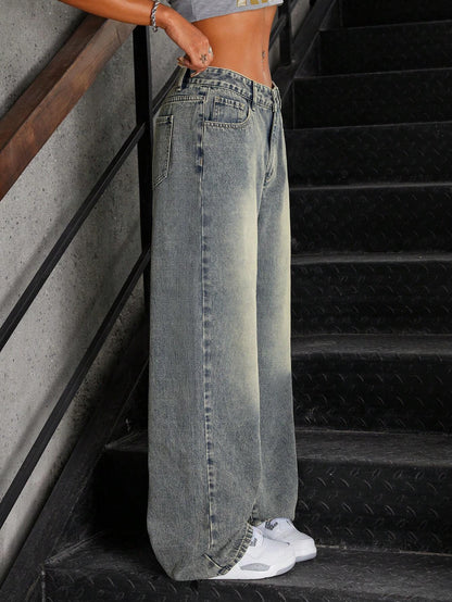 Washed Cotton Vintage Straight Leg Low Waist Jeans