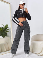 High Waisted Flap Pocket Cargo Jeans