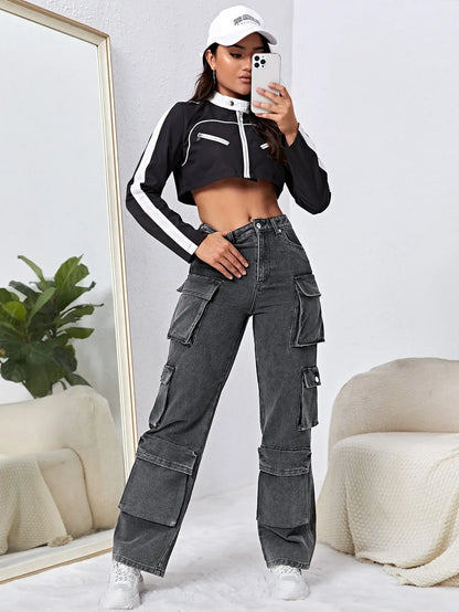 High Waisted Flap Pocket Cargo Jeans