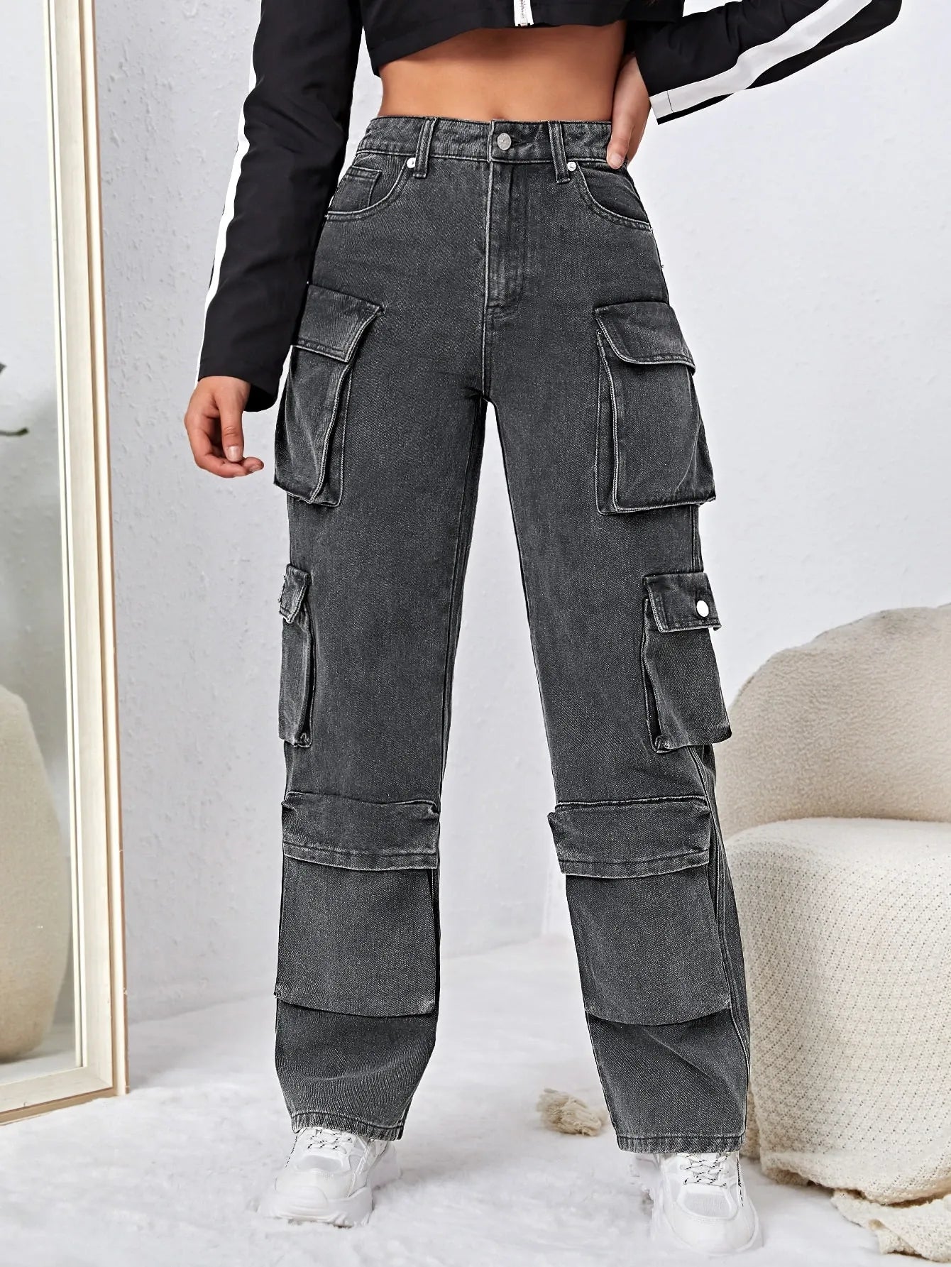 High Waisted Flap Pocket Cargo Jeans