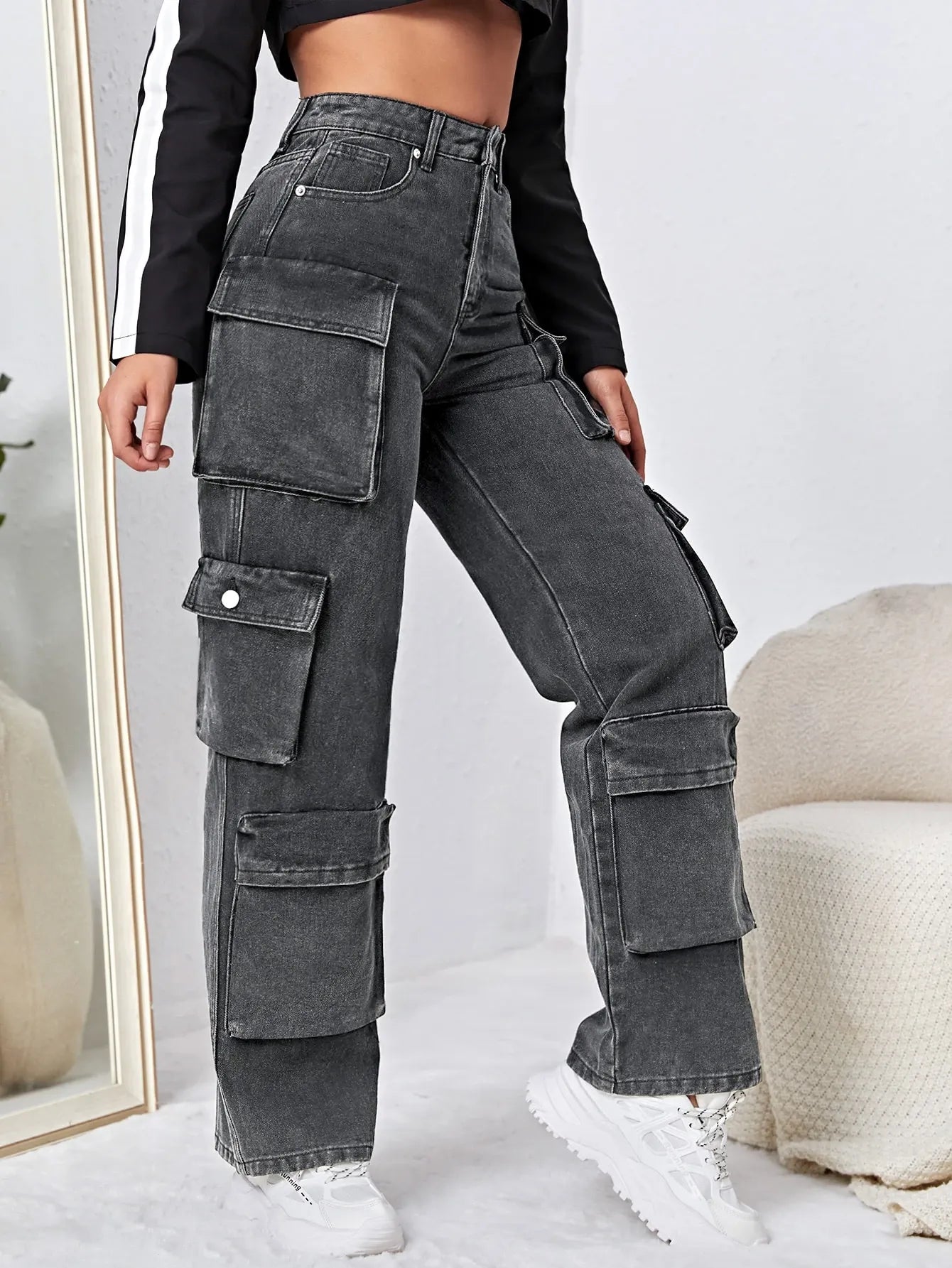 High Waisted Flap Pocket Cargo Jeans