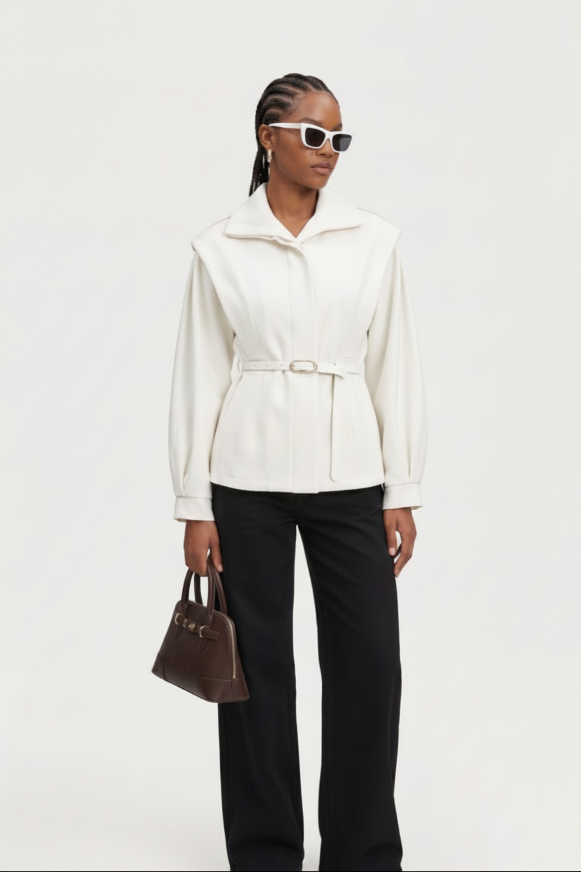 Woman wearing a white jacket and black pants with sunglasses on a white background