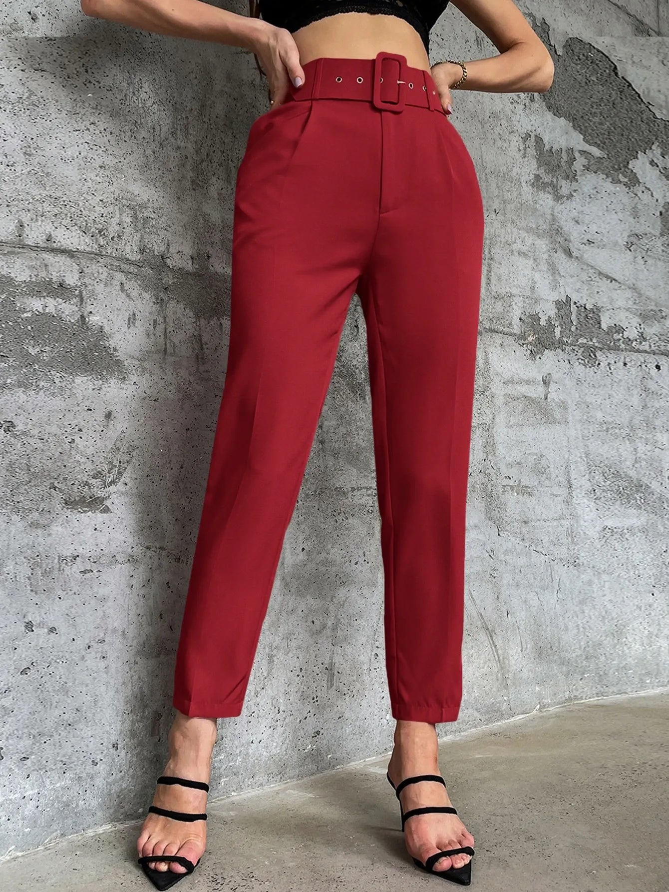 High Waist Slant Pocket Belted Pants