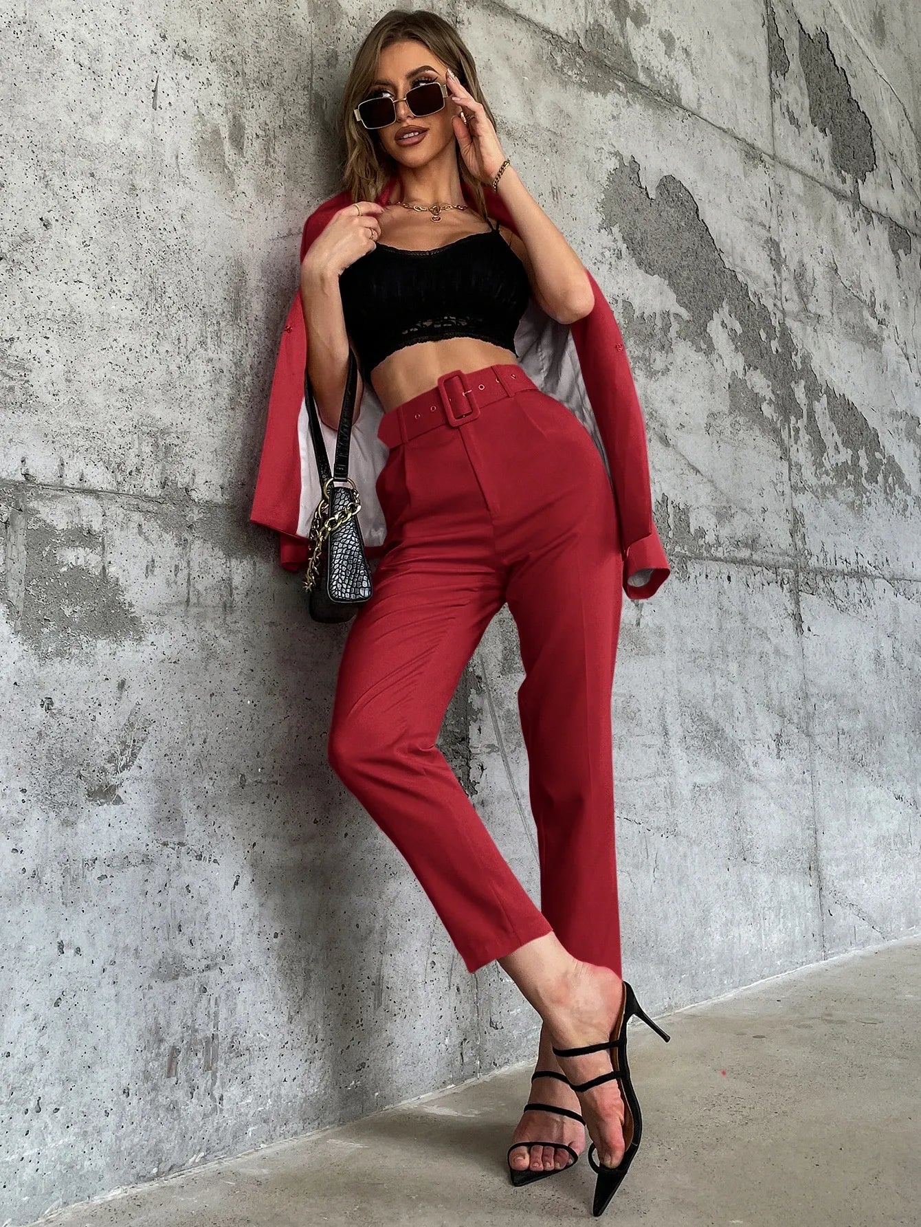 High Waist Slant Pocket Belted Pants