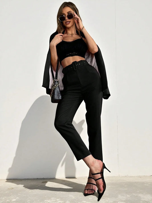 High Waist Slant Pocket Belted Pants