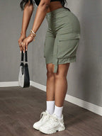 Mid-Waist Cargo Denim Shorts