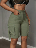 Mid-Waist Cargo Denim Shorts