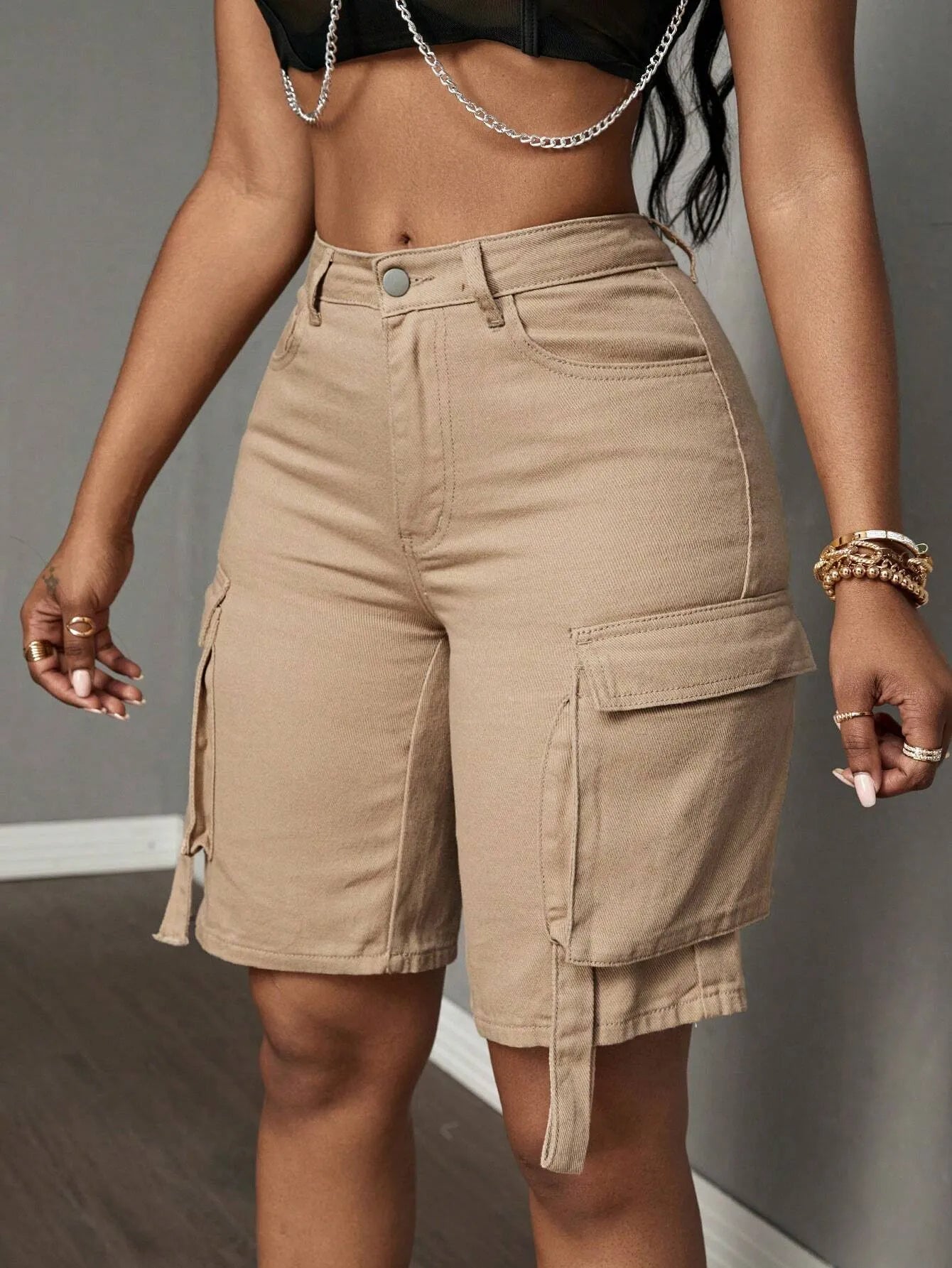 Mid-Waist Cargo Denim Shorts