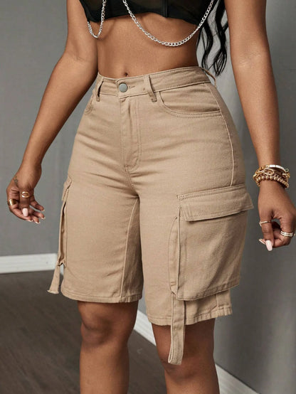 Mid-Waist Cargo Denim Shorts