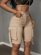 Mid-Waist Cargo Denim Shorts