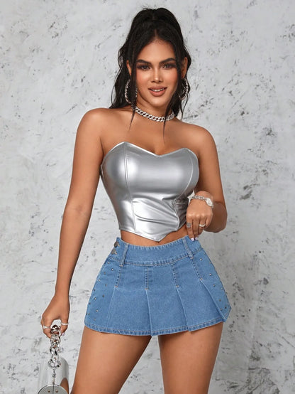 Bead Denim Pleated Skirt