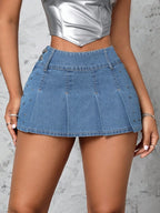 Bead Denim Pleated Skirt