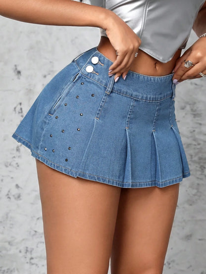 Bead Denim Pleated Skirt