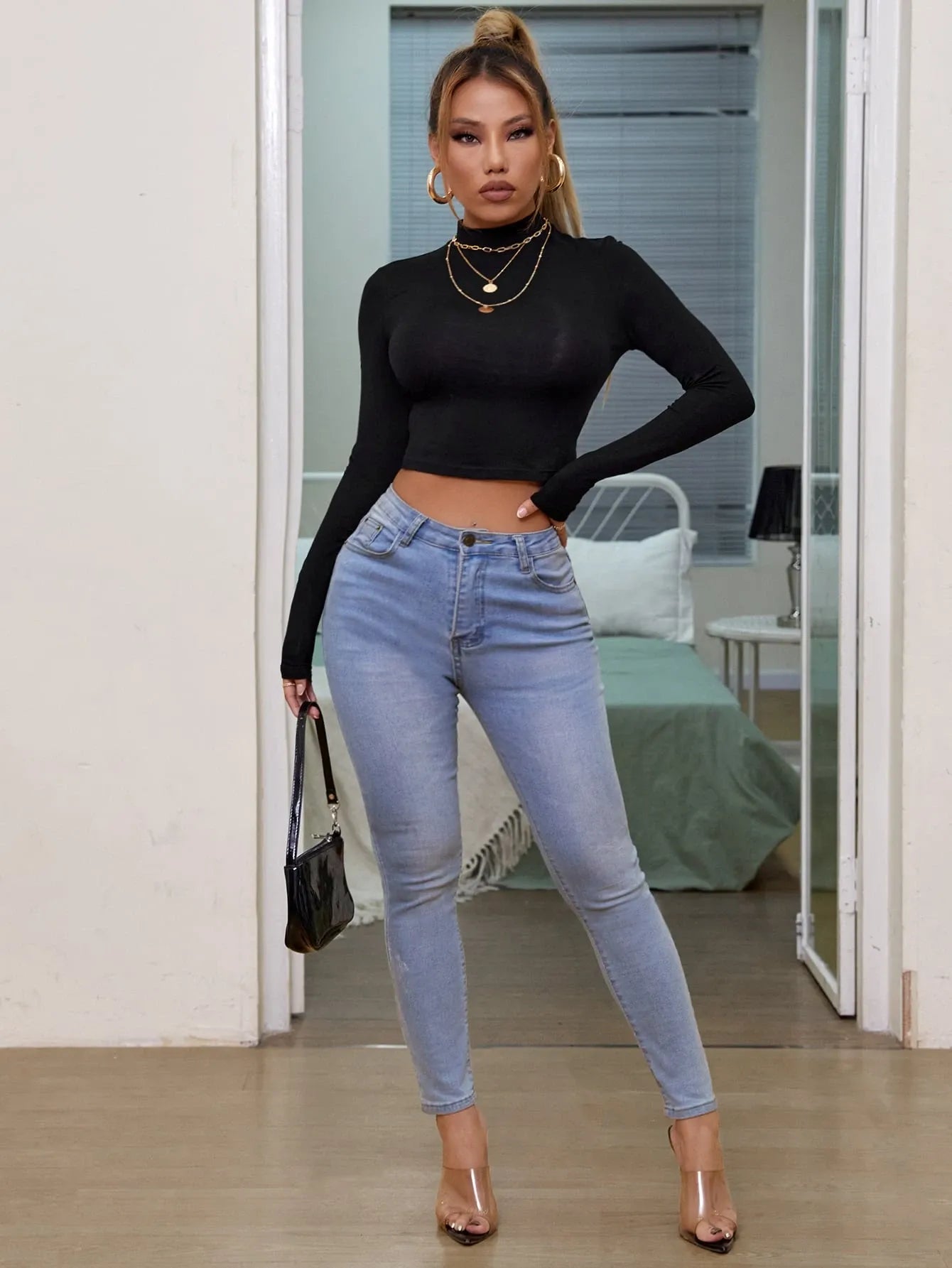 Criss Cross Backless Mock Neck Top