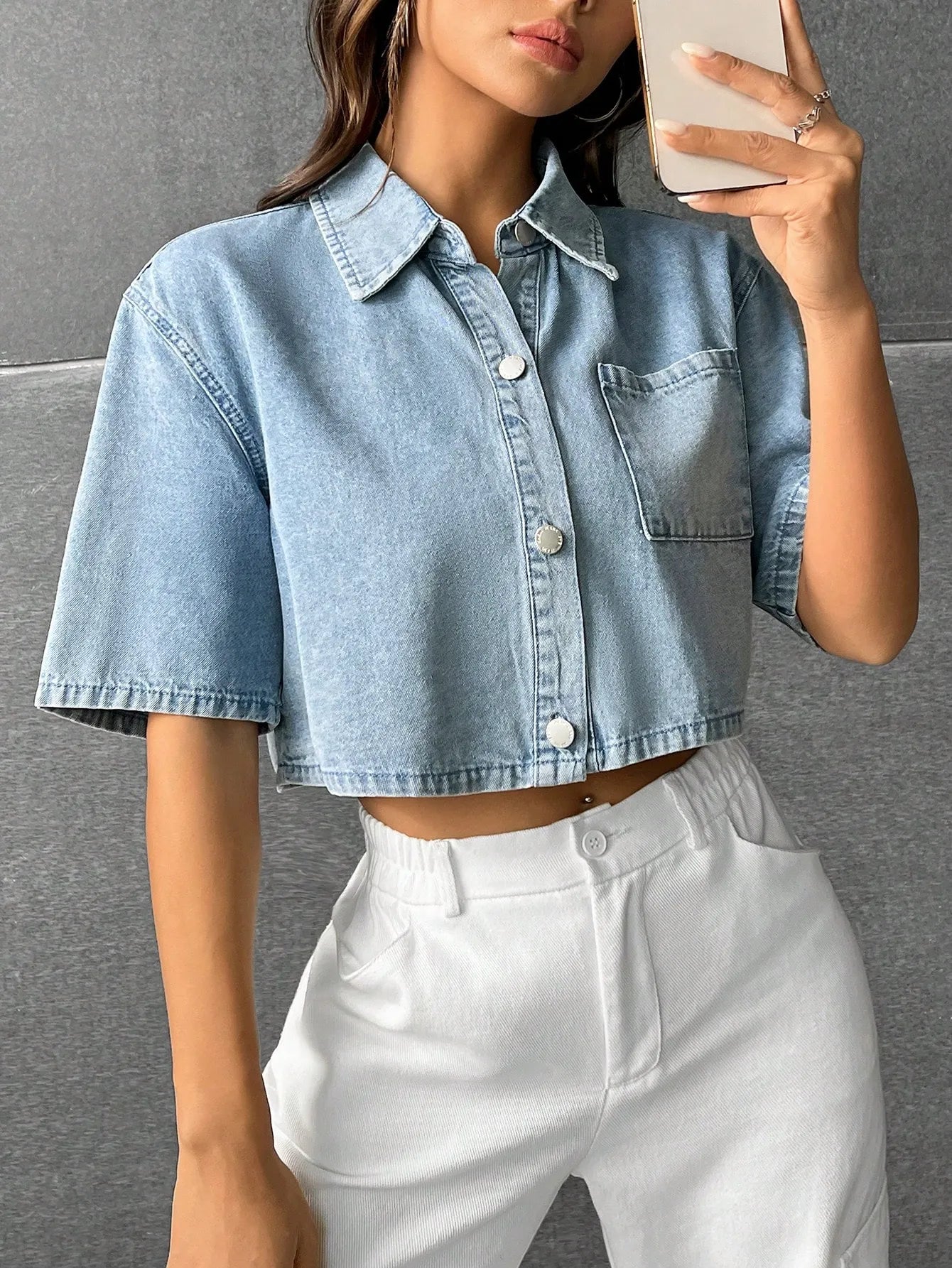 Patched Pocket Drop Shoulder Denim Shirt
