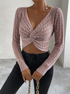 Twist Front Pointelle Knit Crop Sweater