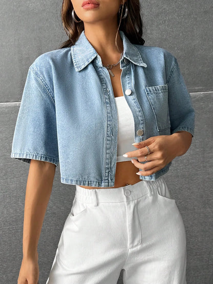 Patched Pocket Drop Shoulder Denim Shirt
