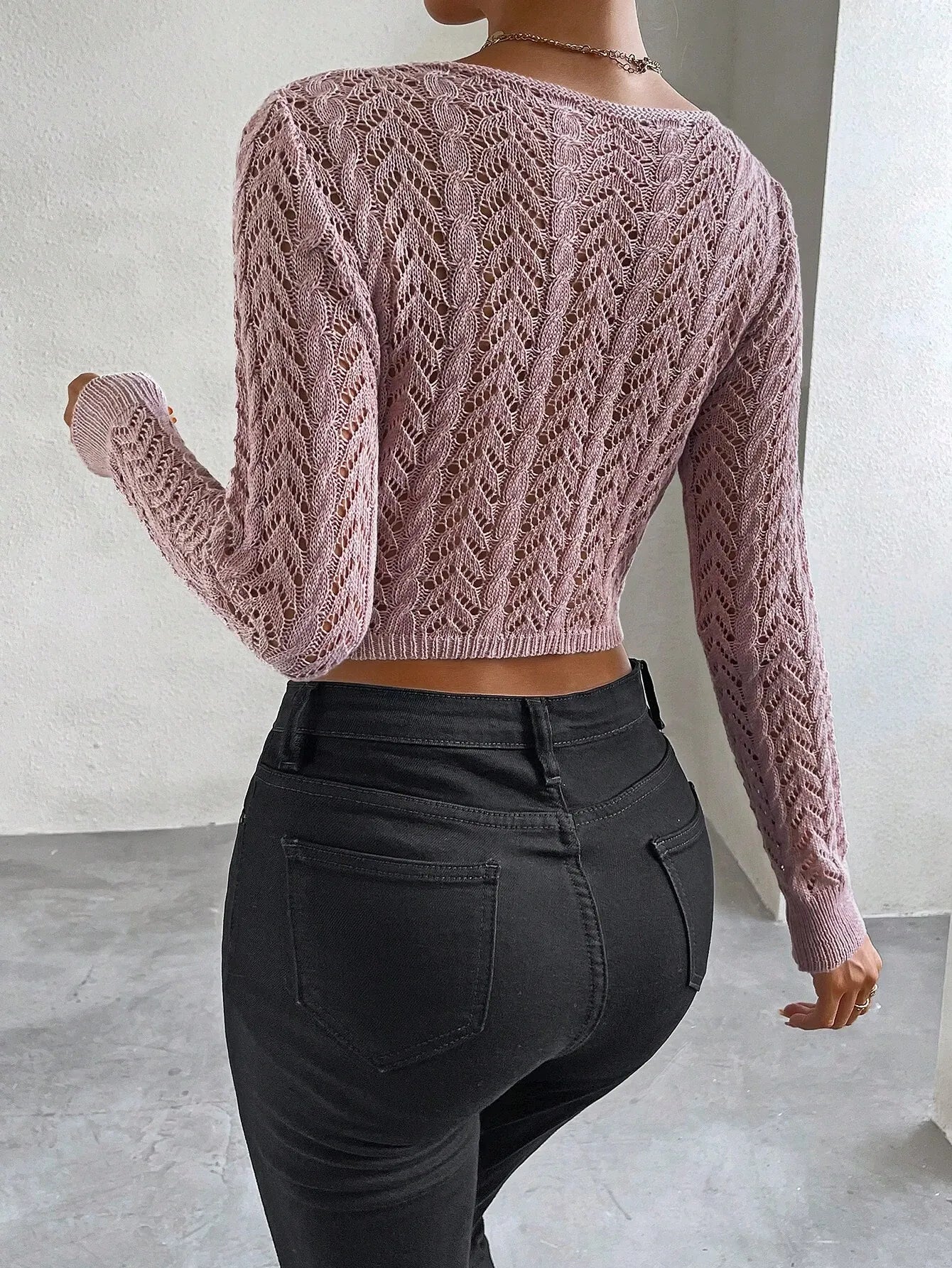 Twist Front Pointelle Knit Crop Sweater