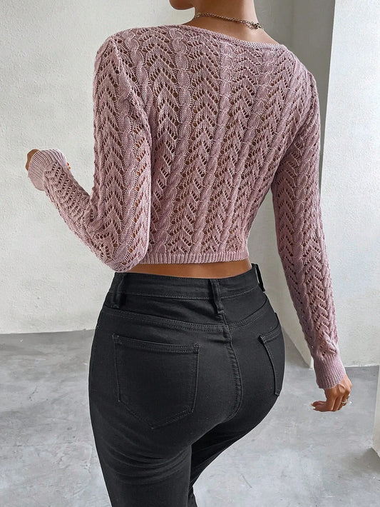 Twist Front Pointelle Knit Crop Sweater