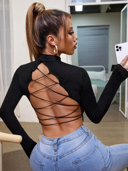 Criss Cross Backless Mock Neck Top