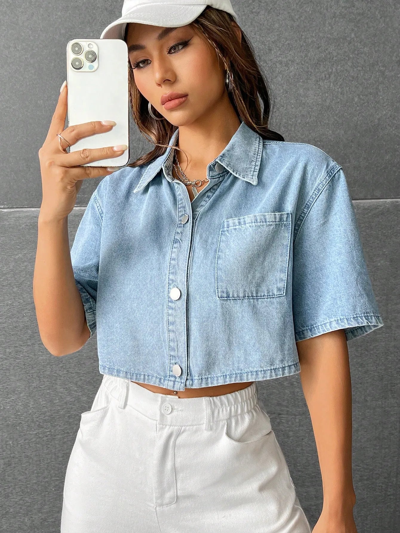 Patched Pocket Drop Shoulder Denim Shirt