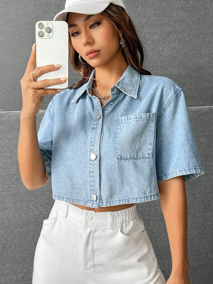 Patched Pocket Drop Shoulder Denim Shirt