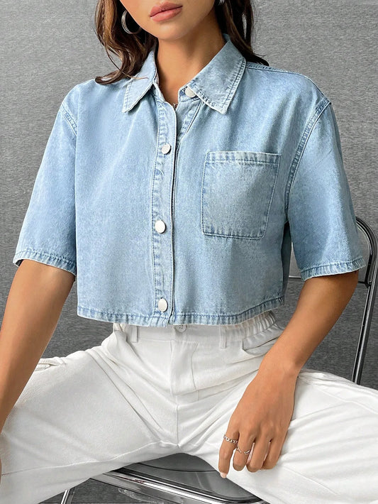 Patched Pocket Drop Shoulder Denim Shirt