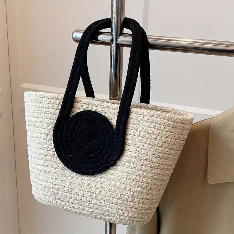 Round Decor Straw Bag Double Handle
