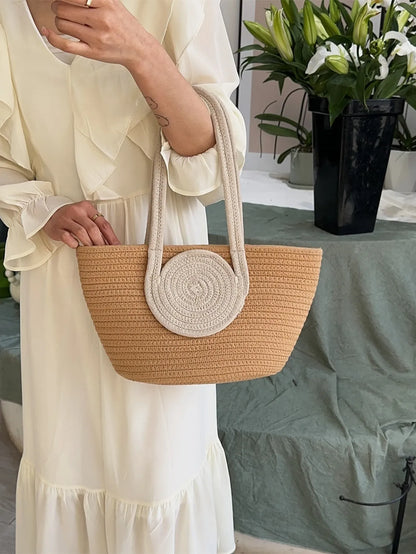 Round Decor Straw Bag Double Handle