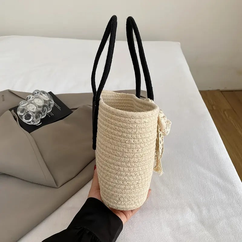 Round Decor Straw Bag Double Handle