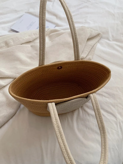Round Decor Straw Bag Double Handle