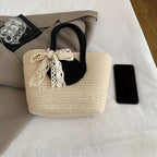 Round Decor Straw Bag Double Handle