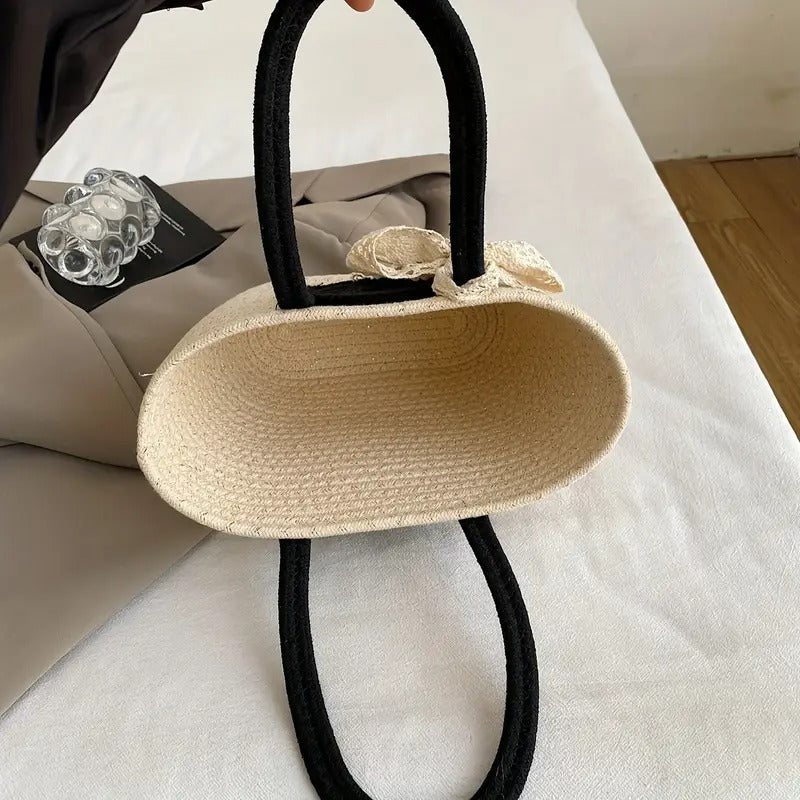 Round Decor Straw Bag Double Handle