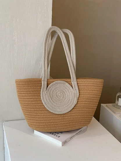 Round Decor Straw Bag Double Handle