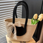Round Decor Straw Bag Double Handle
