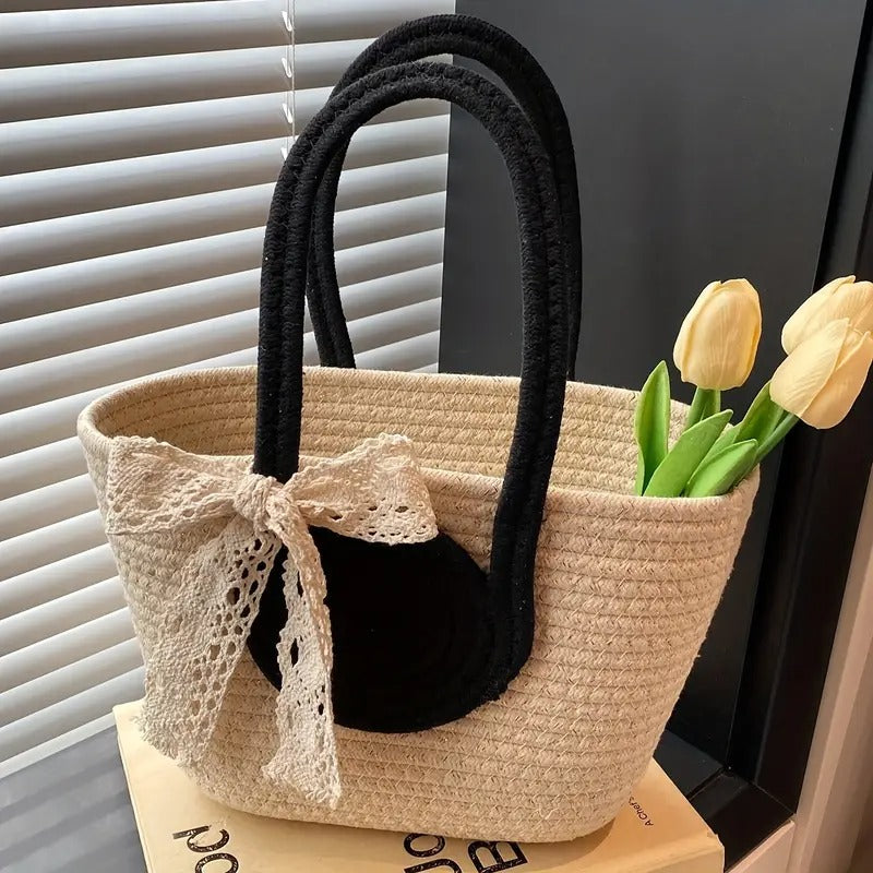 Round Decor Straw Bag Double Handle
