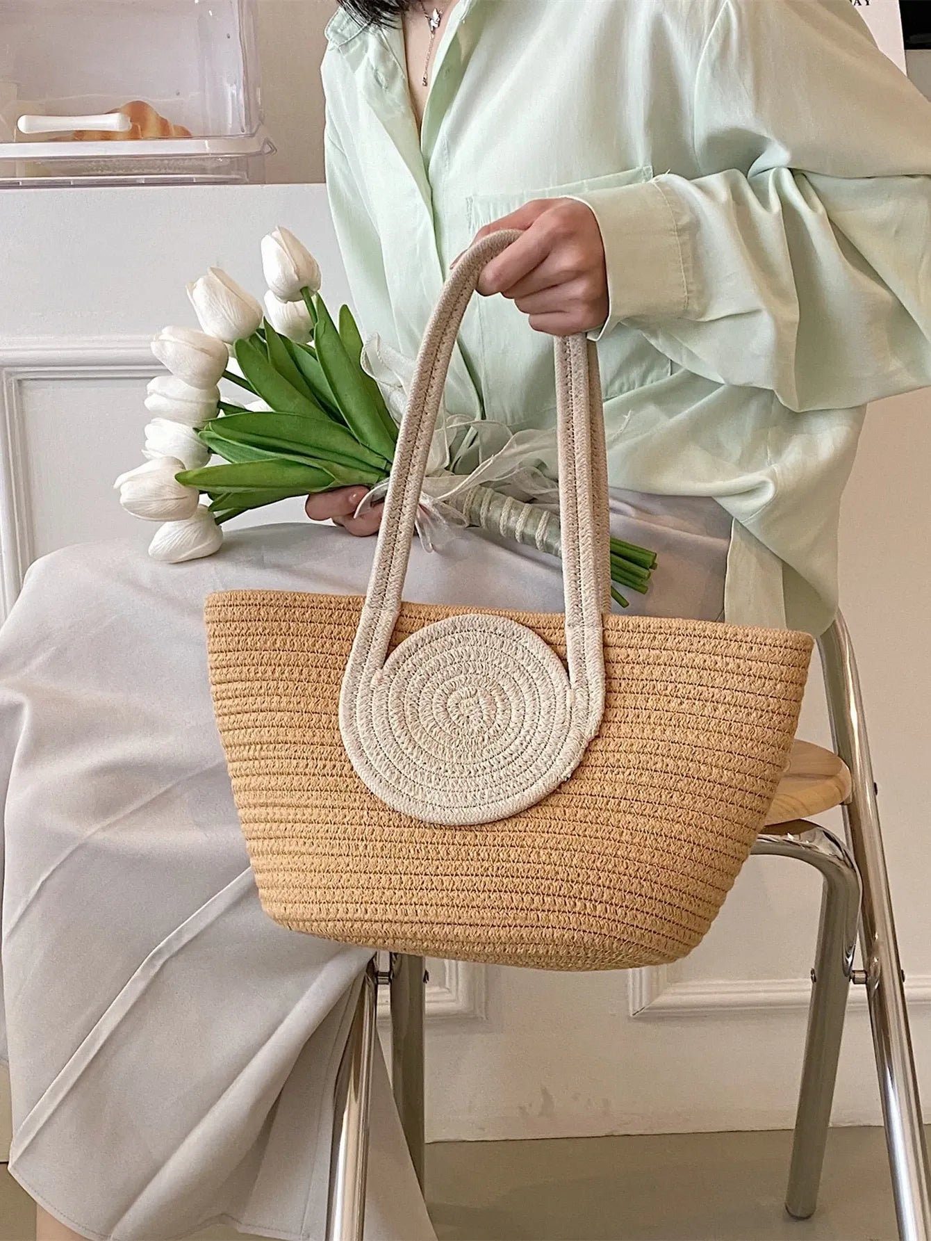 Round Decor Straw Bag Double Handle