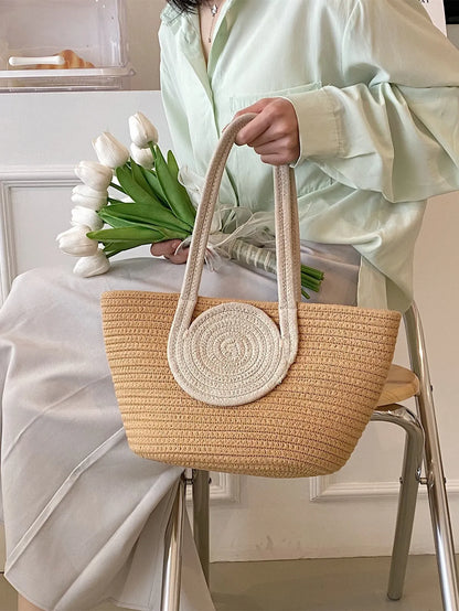 Round Decor Straw Bag Double Handle
