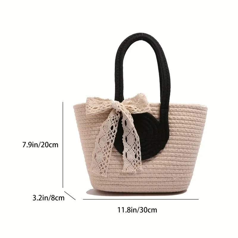 Round Decor Straw Bag Double Handle