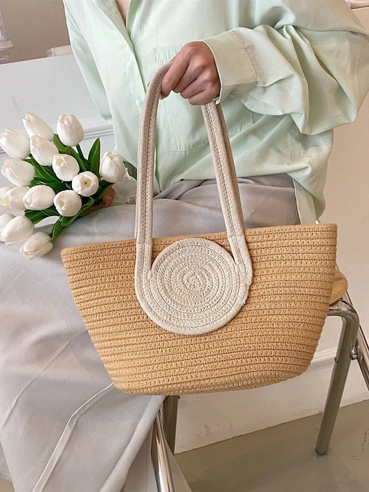Round Decor Straw Bag Double Handle