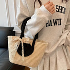 Round Decor Straw Bag Double Handle