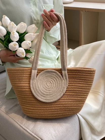 Round Decor Straw Bag Double Handle